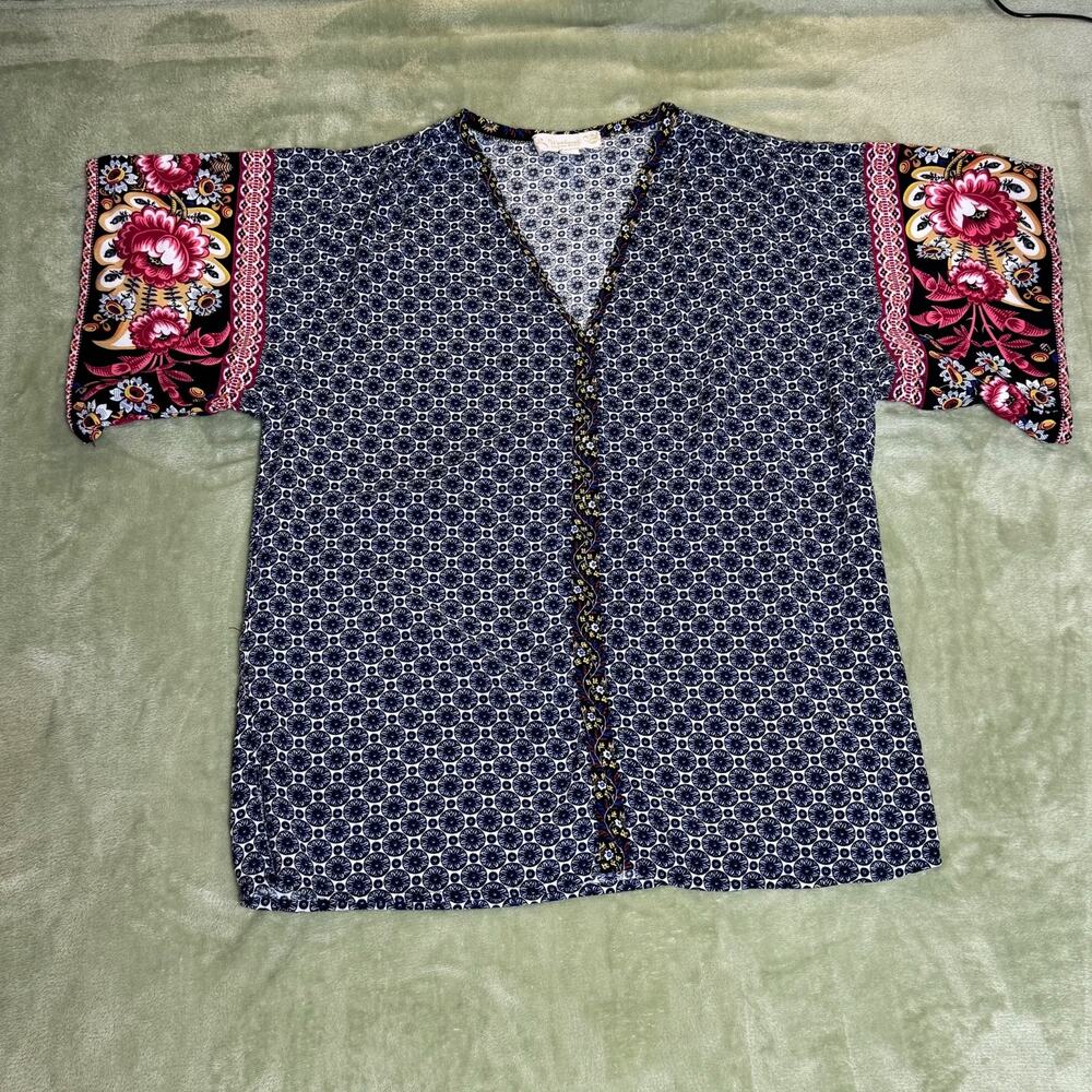 Suzanne Betro Boho Blouse V Neck Kimono Sleeve Mixed Print Resort Top